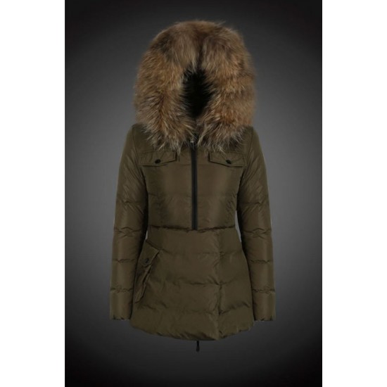 Moncler Vinterfrakke Dame with raccoon fur collar army Grøn