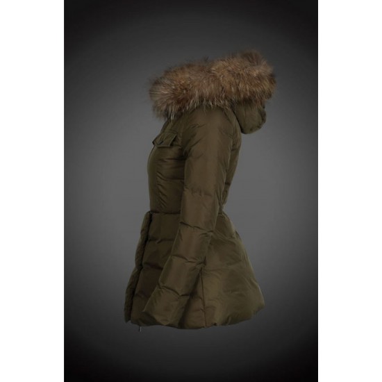 Moncler Vinterfrakke Dame with raccoon fur collar army Grøn