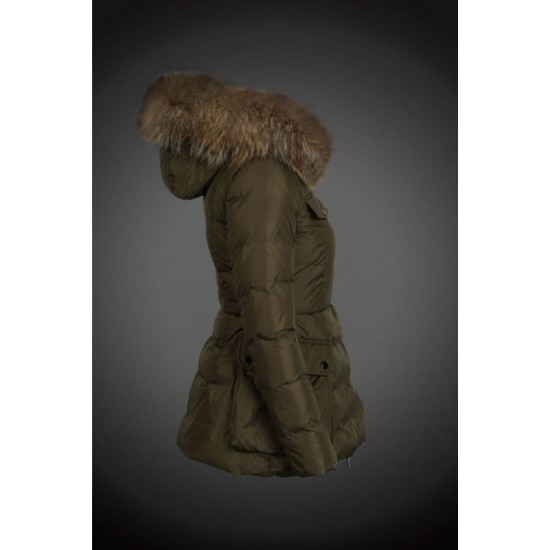 Moncler Vinterfrakke Dame with raccoon fur collar army Grøn