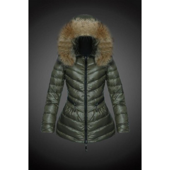 Moncler Vinterfrakke Dame with raccoon fur collar army Grøn