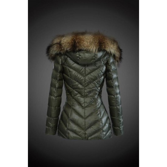 Moncler Vinterfrakke Dame with raccoon fur collar army Grøn