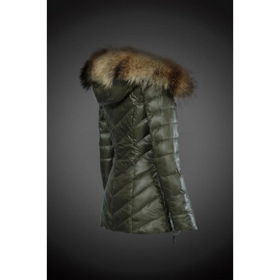 Moncler Vinterfrakke Dame with raccoon fur collar army Grøn