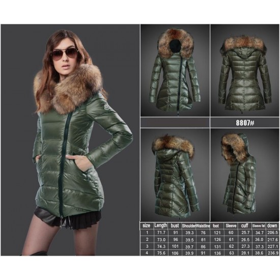 Moncler Vinterfrakke Dame with raccoon fur collar army Grøn