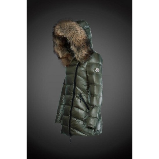 Moncler Vinterfrakke Dame with raccoon fur collar army Grøn