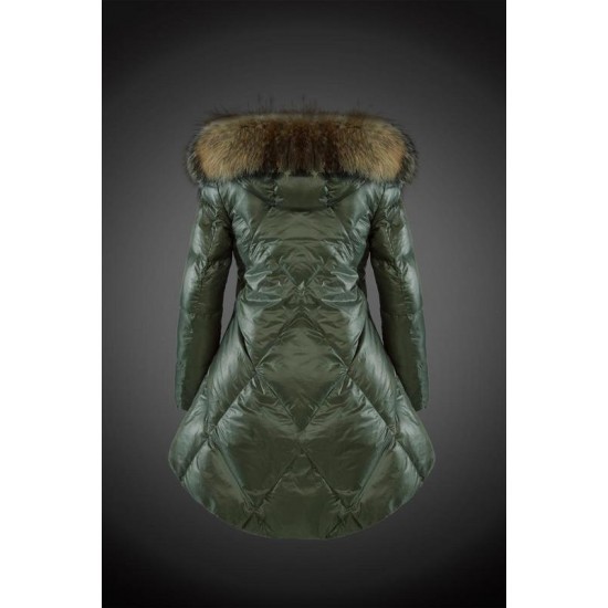 Moncler Vinterjakke Dame with raccoon fur collar army Grøn